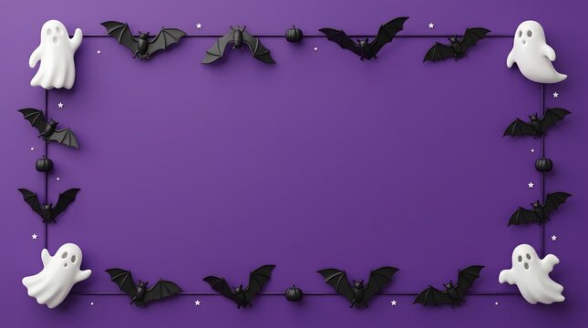 Halloween frame with cute ghosts and black bats on a vibrant purple background