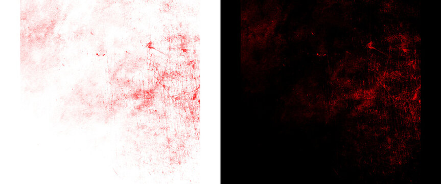 Red grunge texture background set, abstract blood splatter on white and black backdrop, spooky horror design elements