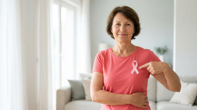 Middle aged woman in pink shirt pointing to breast cancer awareness ribbon home, promoting early detection, prevention, support, hope and women's health awareness, care, advocacy and action