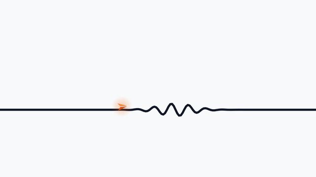 Abstract motion graphic of a glowing orange sphere rolling along a shifting waveform and transitioning into parallel lines with geometric shapes on a light background