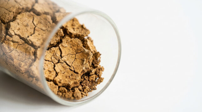 Cracked earth viewed through tube with dry soil texture and natural brown color on white background