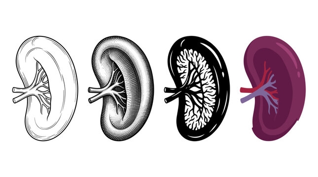 Human spleen anatomy in four designs outline engraving silhouette and color vector illustration