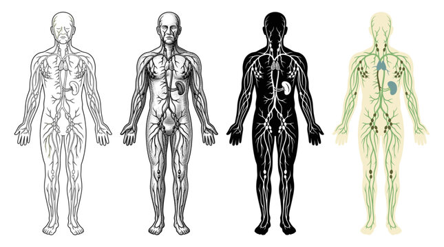 Human lymphatic system anatomy in four designs outline engraving silhouette and color vector illustration