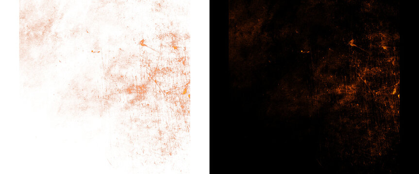 Grunge rust texture overlay set, orange distressed metal dust on white and black backgrounds, vintage industrial scratch effect