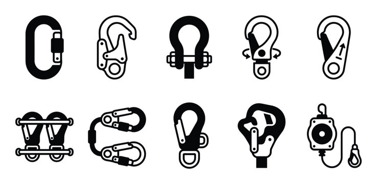 Industrial safety equipment icon set, black vector hooks and carabiners