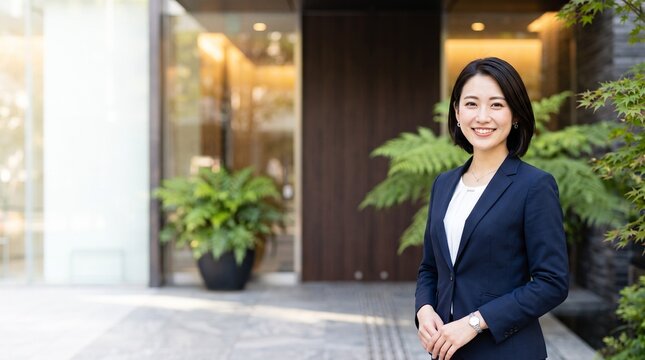 プロフィール写真をイメージした、高級マンションの玄関を背景に立ち、穏やかな笑顔をカメラに向けている知的な印象の20代日本人女性社員のバストアップポートレート