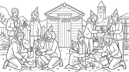 Fototapeta premium Diverse group of people planting seedlings in garden, celebrating New Year with party hats and banner, line art illustration