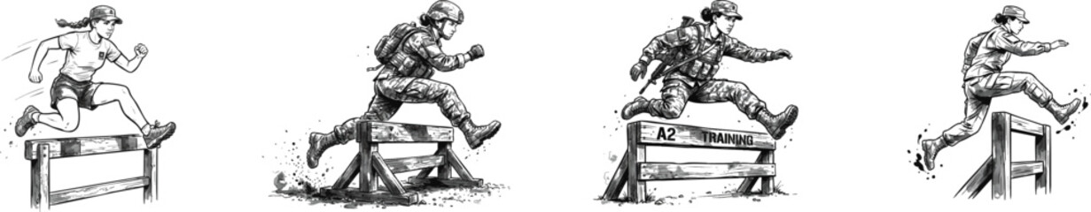 Obraz premium Female soldier leaping over obstacle during military training line art character. Step over hurdle. Army recruit tactical fitness isolated vector outline person. Black and white spot, watercolor