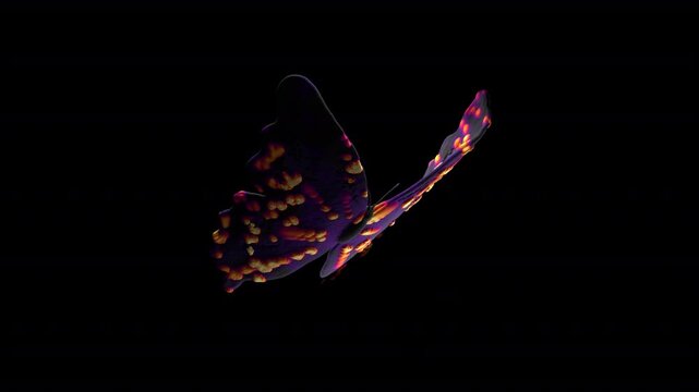 Abstract glowing 3D butterfly flapping wings in looped animation on transparent background with alpha channel