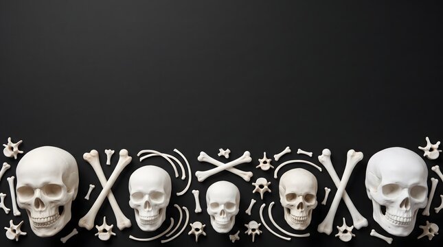Human skulls and bones arranged in a row on a black background for halloween design