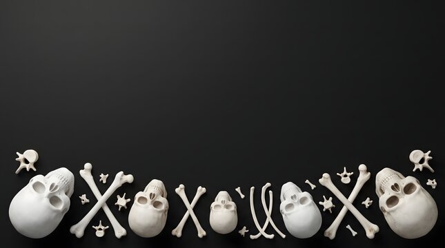 Human skulls and bones arranged in a row on a solid dark black background for halloween