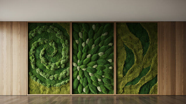 Three vertical wall panels featuring preserved green moss in wooden frames on a wall