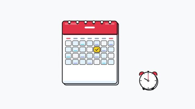 Calendar with flipping pages and ringing alarm clock marks a scheduled reminder date for productivity and time management planning