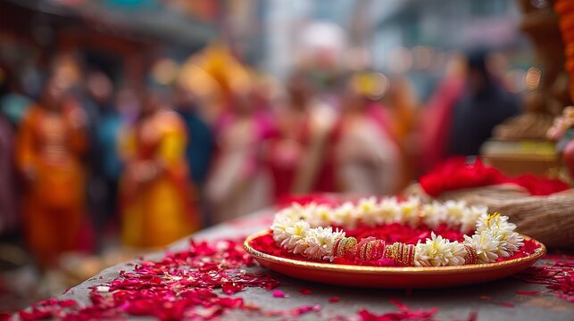 Floral garland rests on a plate amidst scattered petals and a blurred crowd, representing a vibrant cultural celebration and traditional ceremony