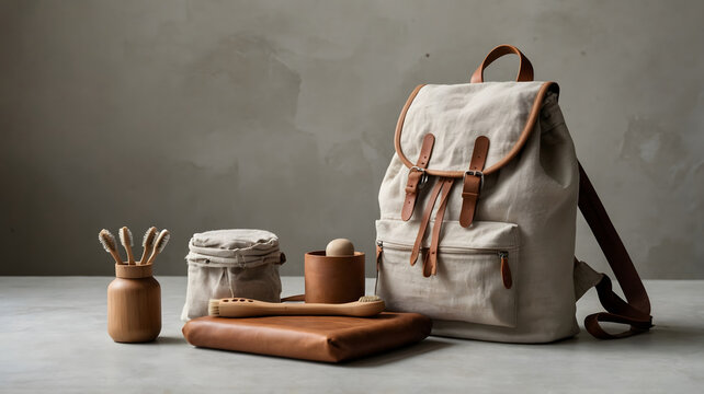 Casual travel setup with canvas backpack and bags