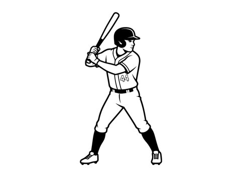 Baseball player batter vector illustration, black and white sports athlete line art, professional hitter in batting stance
