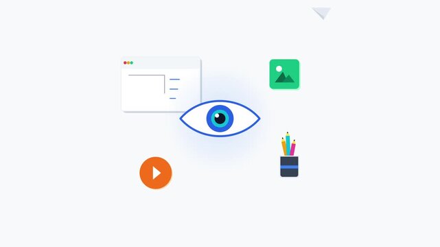 Central human eye icon surrounded by digital media symbols representing visual content creation, graphic design, video editing, and modern web UI UX design concepts.