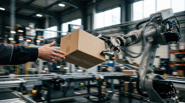 Human hand and robotic arm exchanging cardboard box in warehouse with conveyor belt and industrial background