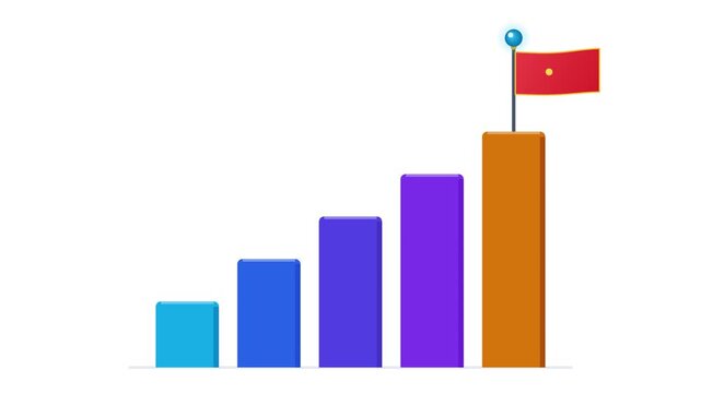 Colorful bar chart growing step by step with a small ball climbing to the top to plant a success flag and trigger a glowing star