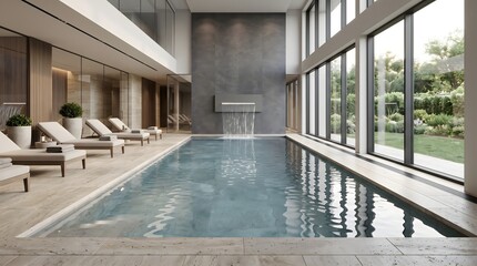 Fototapeta premium Luxury indoor swimming pool with waterfall feature in modern spa lounge