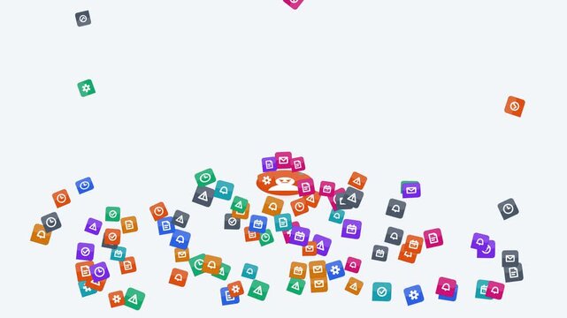 Colorful digital notification icons representing messages, emails, alerts and settings fall from above and pile up around a central blue user avatar symbol on a clean light background