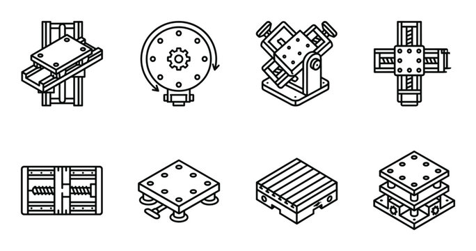 Movement plate icons set, linear and rotary stages, precision alignment mechanisms