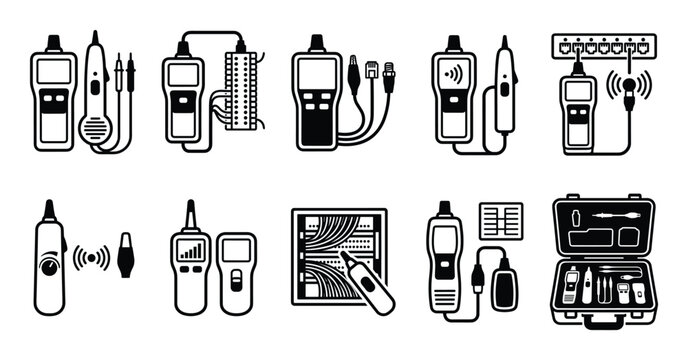 Network cable tester and wire tracer tools icon set