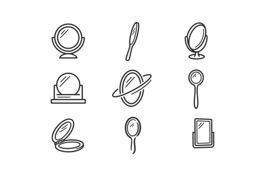 A collection of nine black and white outline icons representing various types of mirrors for beauty concepts