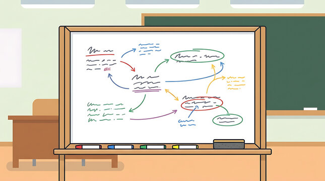 Whiteboard display with colorful markers, diagrams, and notes for strategic planning and brainstorming sessions.