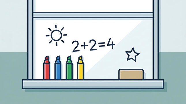 Whiteboard with colorful markers, eraser, and a simple math equation demonstrating learning concepts