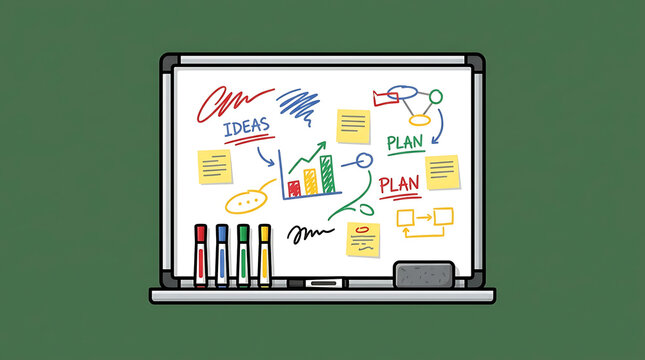 Whiteboard with colorful markers, sticky notes, and a diagram illustrating ideas and planning for business strategy and projects