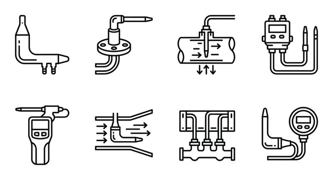 Pitot tube icons set, flow measurement device line art