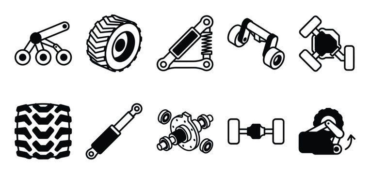 Planetary rover suspension and wheel components icon set