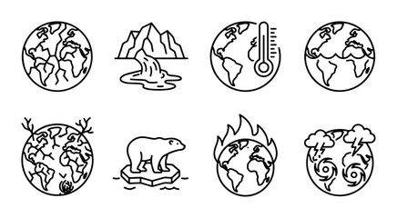 Fototapeta premium Climate Change Icons: Global Warming, Melting Ice, Extreme Weather, Earth Crisis Set