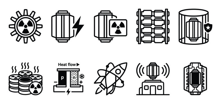 Radioisotope thermoelectric generator icon set, nuclear energy technology symbols