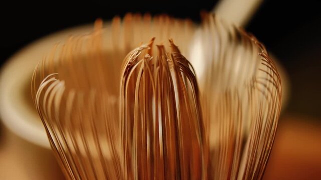 Close-up of bamboo matcha whisk