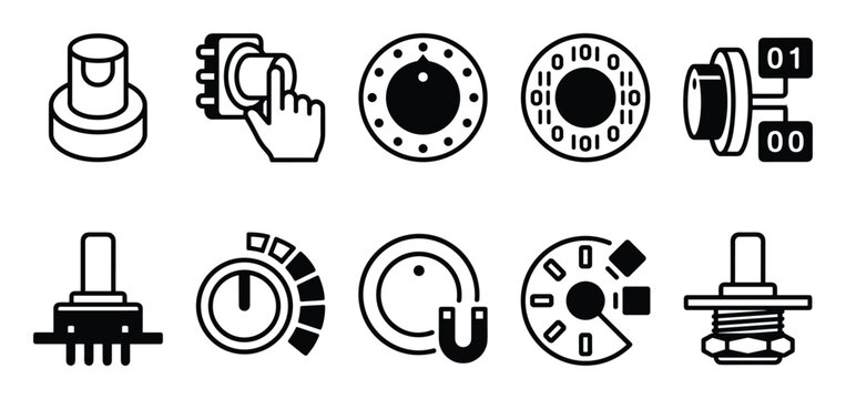 Rotary encoder icon set, control knob and potentiometer vector