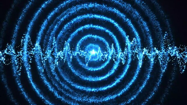 Blue light particles forming concentric circles and wave patterns on a dark background in motion with animate expanding concentric video displays glowing patterns against black