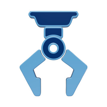 3D rendered icon of an industrial overhead crane claw, featuring a glossy blue finish on a transparent background, for logistics and, manufacturing concepts isolated on a transparent background