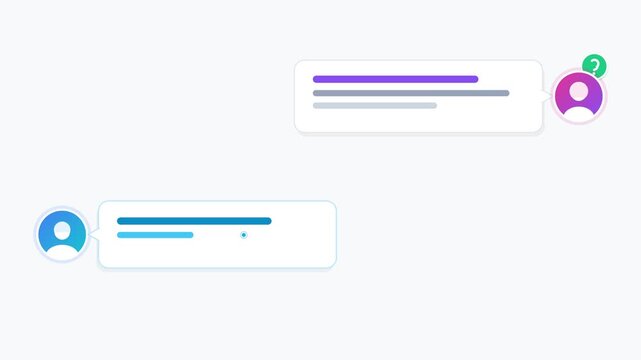 Flat design motion graphics of a customer support chatbot conversation with user profile avatars and speech bubbles on a clean background