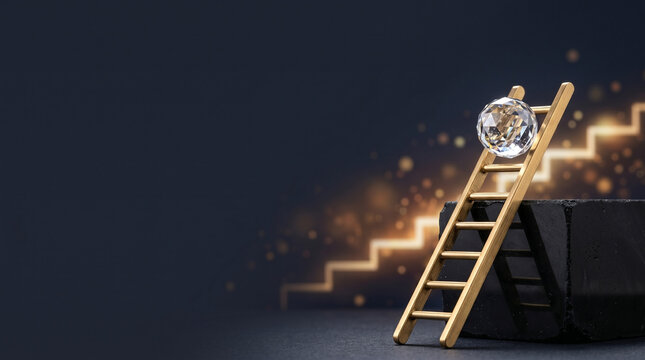 Business success concept background with diamond at top of golden ladder and glowing upward stairs background