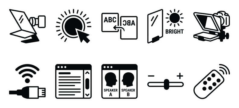 Teleprompter broadcasting icon set, media production display and control symbols