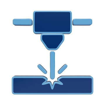 3D rendered icon of an industrial laser cutting or welding tool, featuring a glossy blue finish on a transparent background, for manufacturing processes isolated on a transparent background