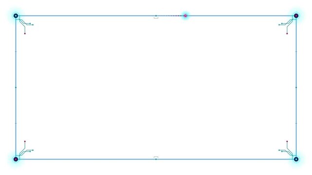 Futuristic digital HUD interface border glows on a white background with circuit board details and neon lights.
