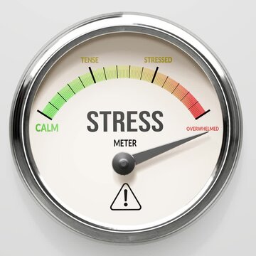 Stress - stress level at maximum. High and rising values of stress. Meter needle reaching overwhelmed levels. Stress values off the charts. (No AI, made by humans for humans).