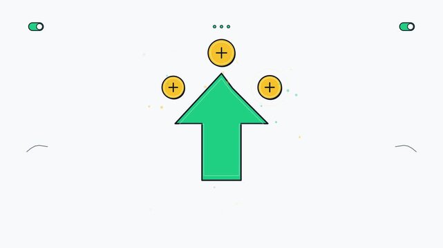 Green level up progress bar fills and transforms into a large upward arrow with golden plus sign coins on a clean minimalist background.