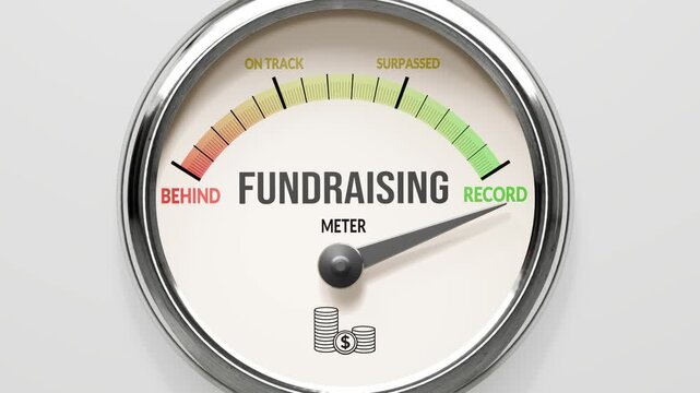 Fundraising - fundraising goal at maximum. High and rising values of fundraising. Meter needle reaching record levels. Fundraising values off the charts. (No AI, made by humans for humans).