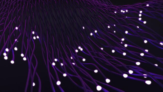Abstract background with purple fiber optic cables and glowing lights moving downwards in digital 3D animation