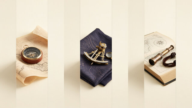 Vintage nautical navigation tools including a compass, sextant, and telescope on old maps