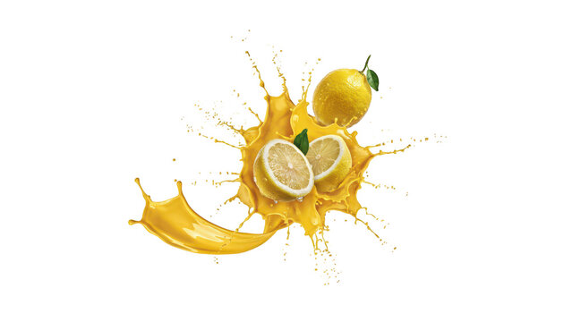 Fresh yellow lemon slices splashing into a vibrant citrus juice wave isolated on a solid black background, speed of fruit